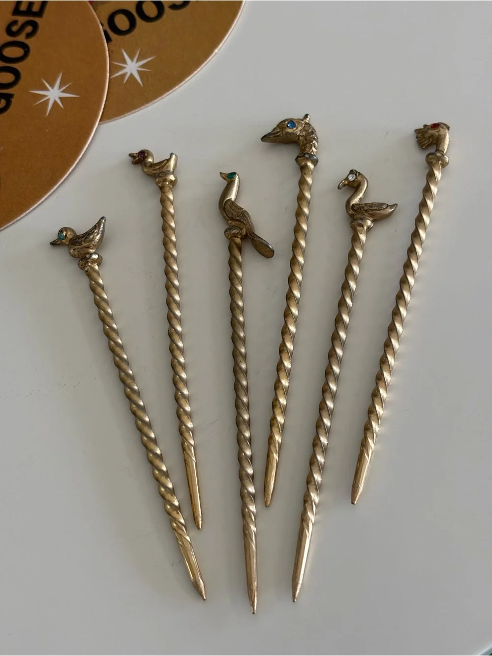 Vintage Mid-century Modern Gold Tone Metal Bird Cocktail Picks Set of 6